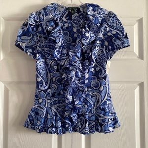 NWT Lauren Ralph Lauren Blue Paisley Print Ruffled Front Blouse - Size XSmall